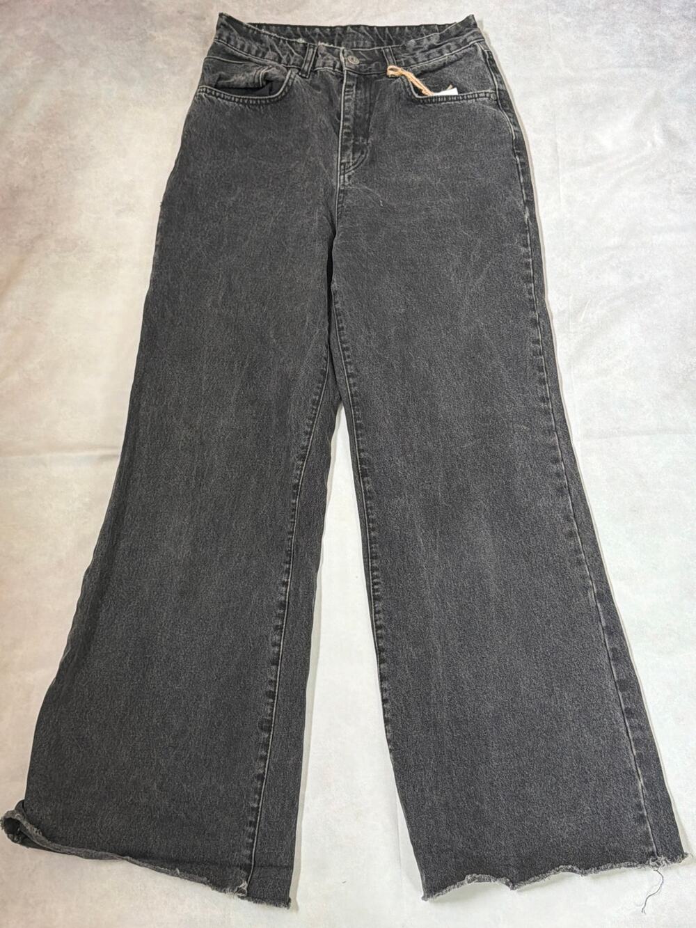 The Ragged Priest Size 28 Black Wide Leg High Rise Jeans Distressed Raw Hem